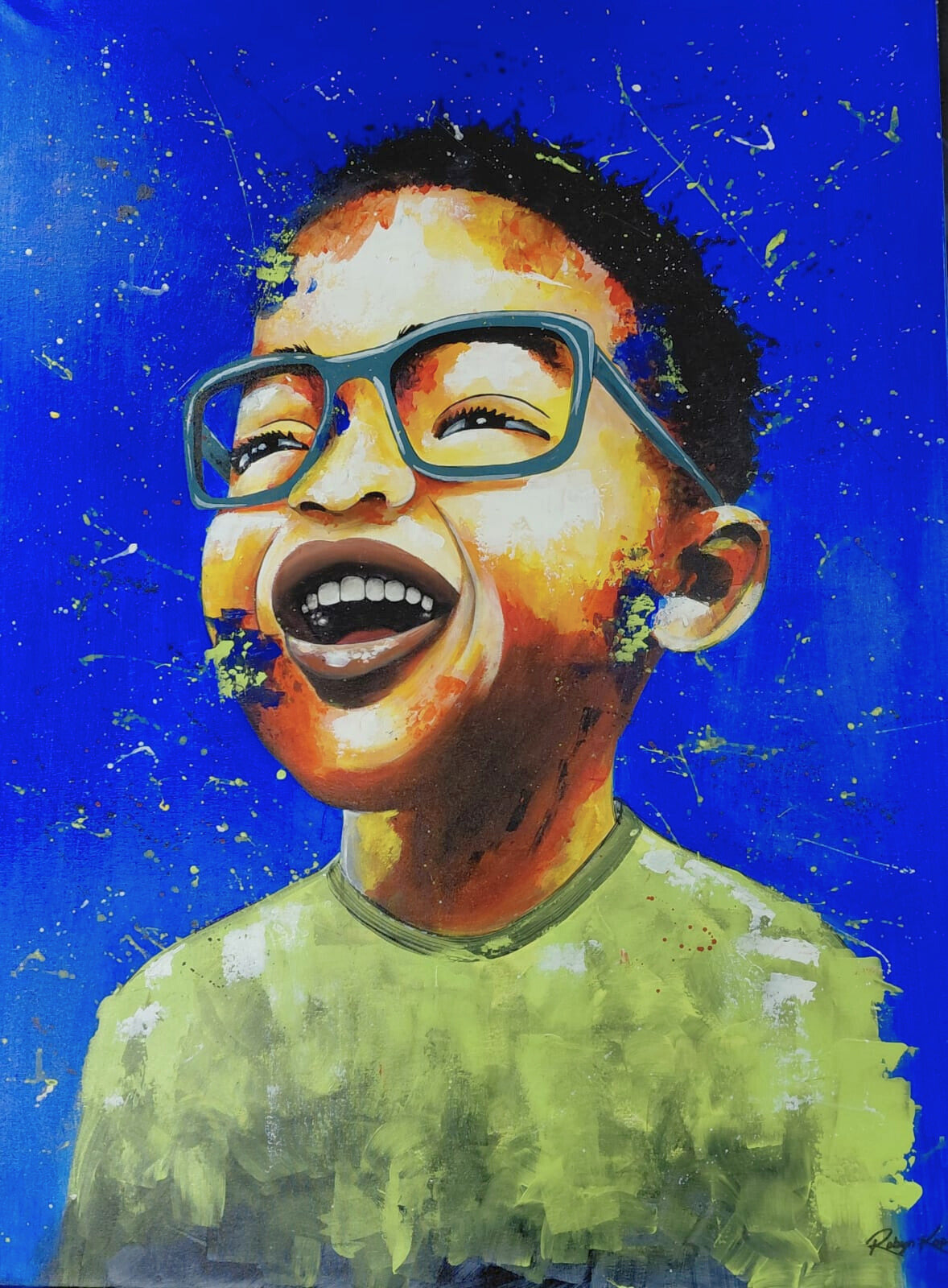 Acrylic painting of a laughing child wearing glasses, against a bright blue background with colourful paint splatters.
