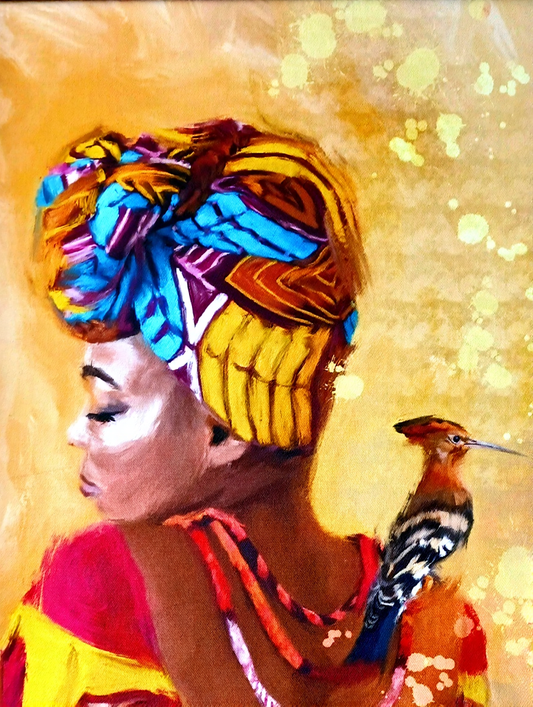 Warm-toned abstract portrait by Aimee Grautier of a woman in a colourful turban with a hoopoe bird on her shoulder — striking cultural art for bold living spaces or as a statement piece