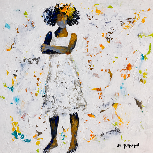 Lee Templeton original artwork featuring a stylised female figure with crossed arms, a textured white dress and orange-green accents.