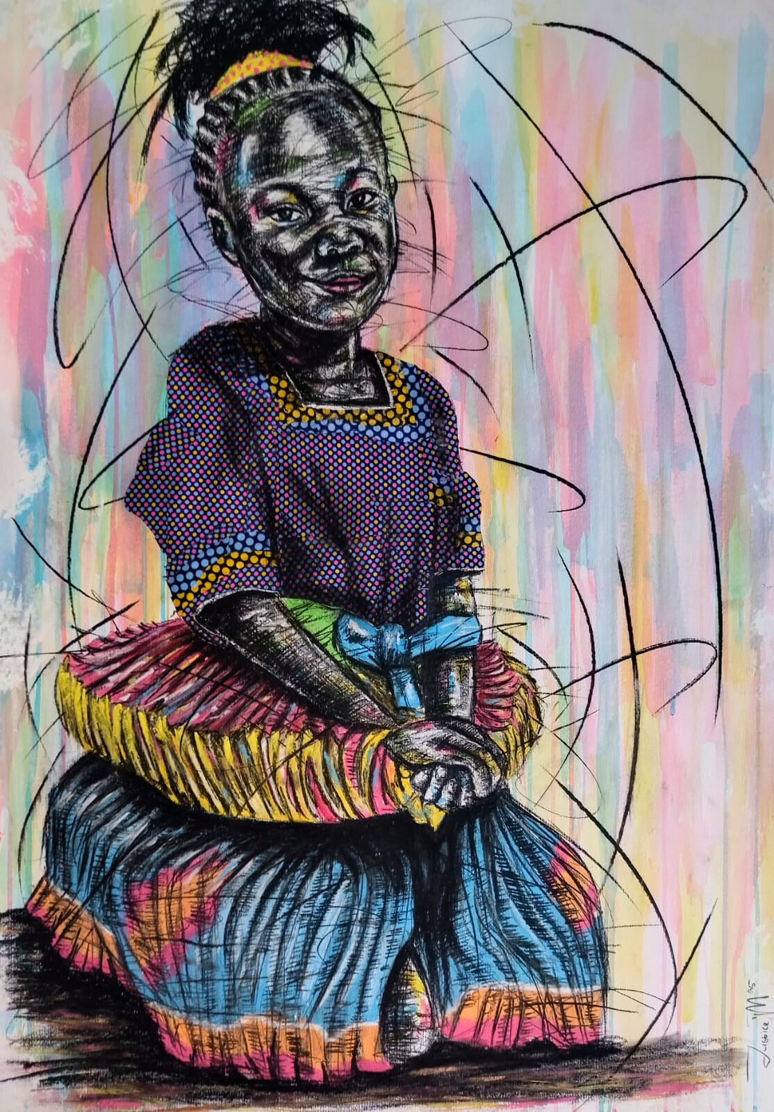 Mixed media portrait of a seated African child in a vibrant patterned dress, smiling softly against a pastel striped background with swirling black lines.