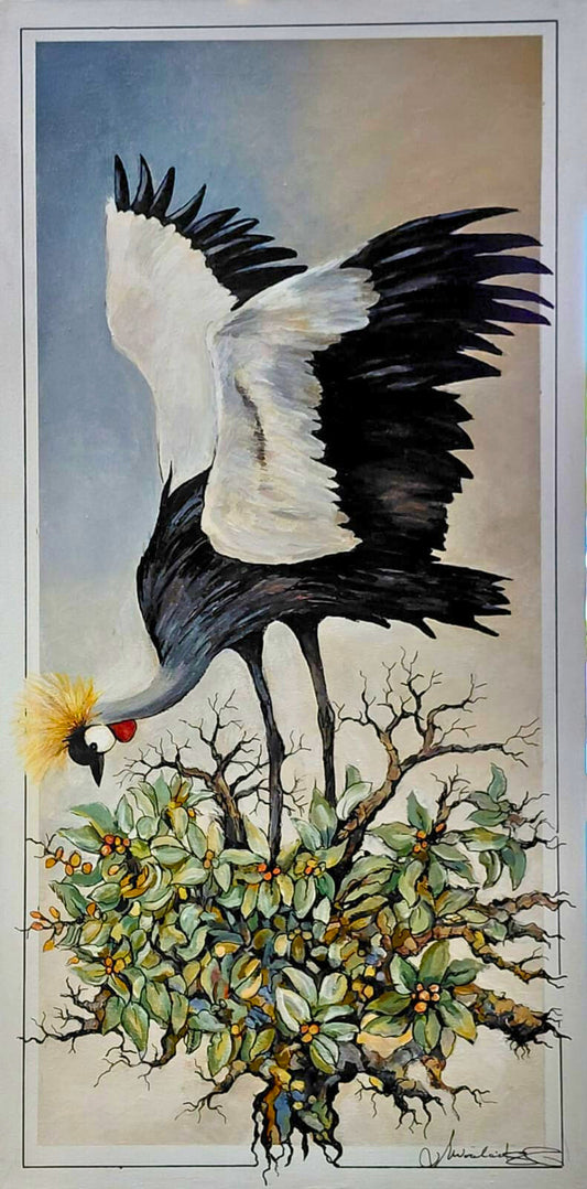 Acrylic painting of a crowned crane standing among leafy branches, with its wings slightly raised and golden crest visible.