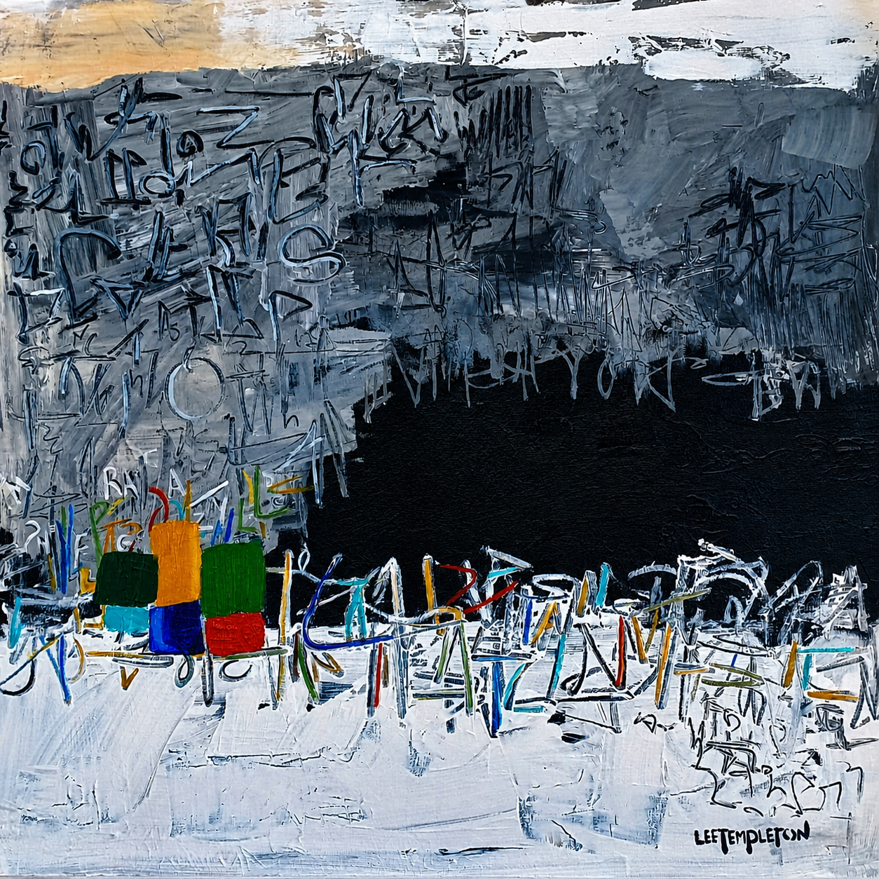 Lee Templeton original abstract artwork with charcoal, black and white urban markings, layered texture and bold colourful accents.