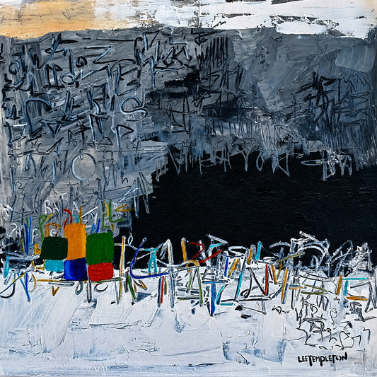 Lee Templeton original abstract artwork with charcoal, black and white urban markings, layered texture and bold colourful accents.