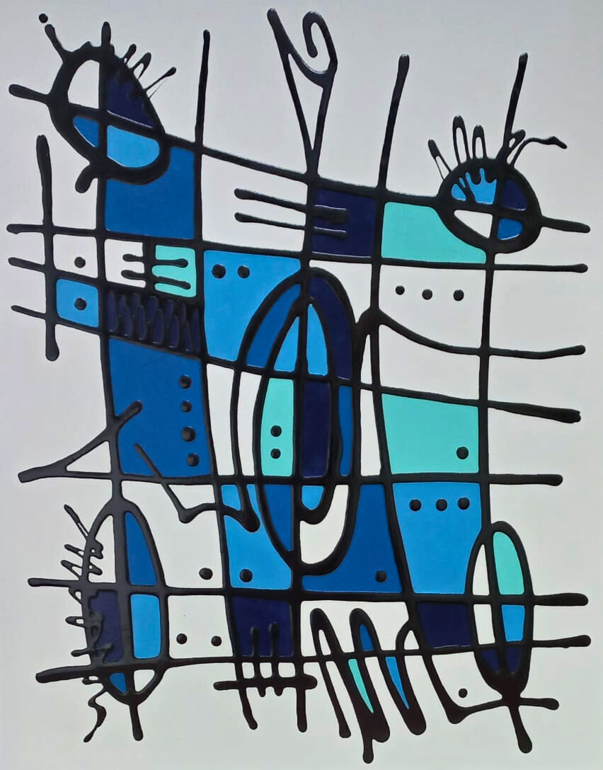 Mixed media abstract painting featuring bold black lines and blocks of blue, teal, and white on a white background.