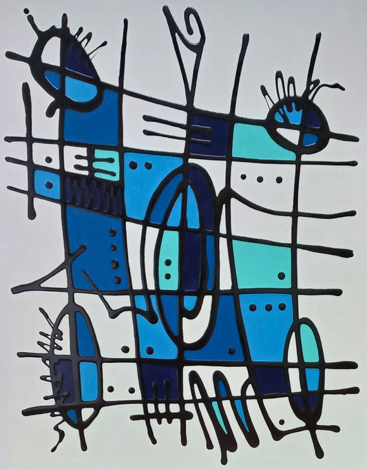 Mixed media abstract painting featuring bold black lines and blocks of blue, teal, and white on a white background.