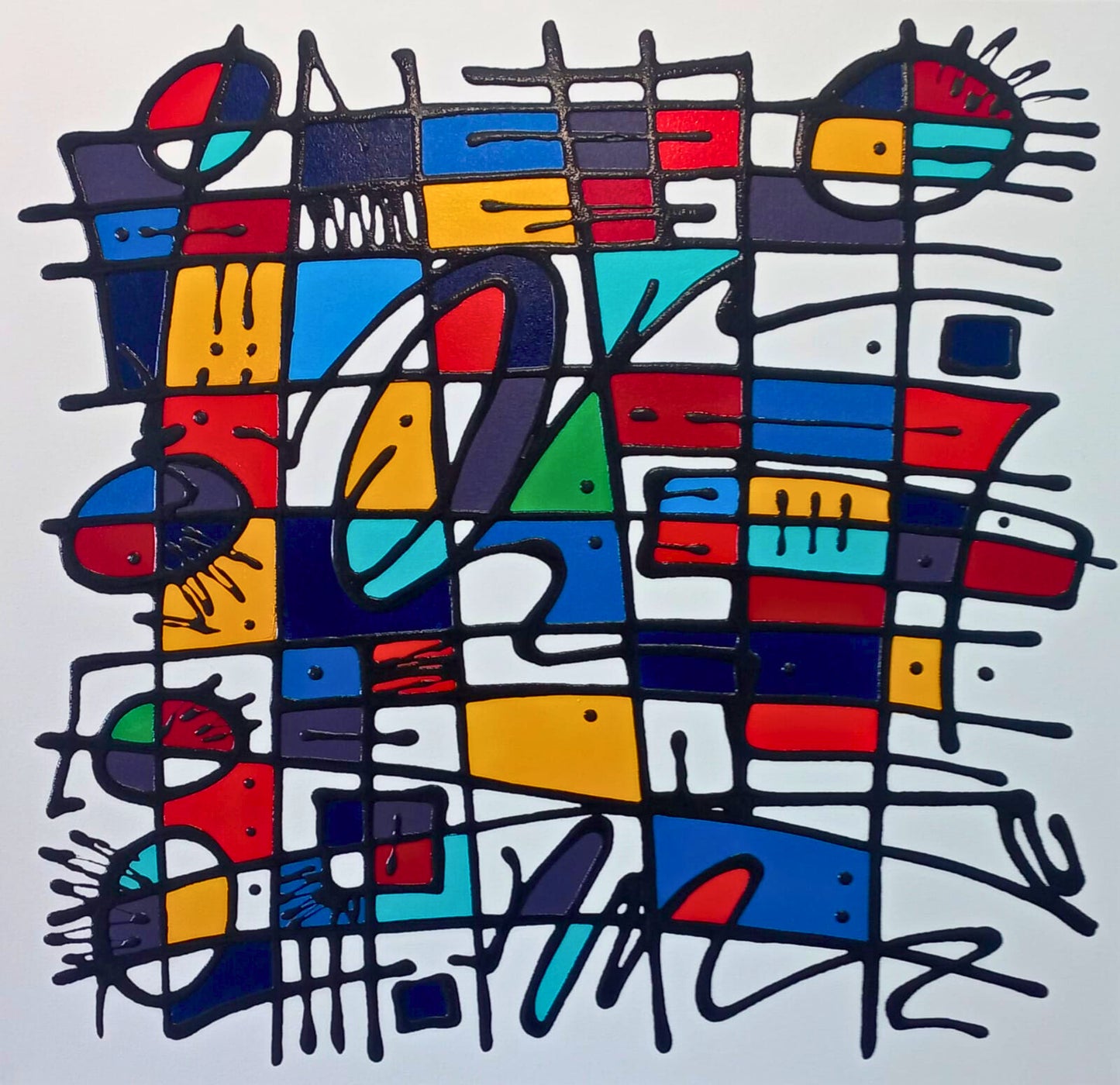 Vibrant mixed media abstract with black grid lines over coloured blocks (red, blue, yellow, green) and playful symbolic motifs.