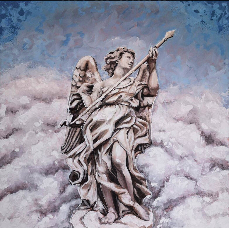 Acrylic painting of a stone-like angel holding a spear, standing on clouds against a swirling blue and grey sky.