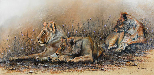 Oil painting of three lionesses resting together on dry earth, surrounded by sparse grass and wildflowers.