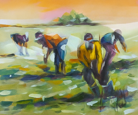Acrylic painting of four African field workers bent over crops at sunset, painted in warm greens, oranges, and soft yellows.