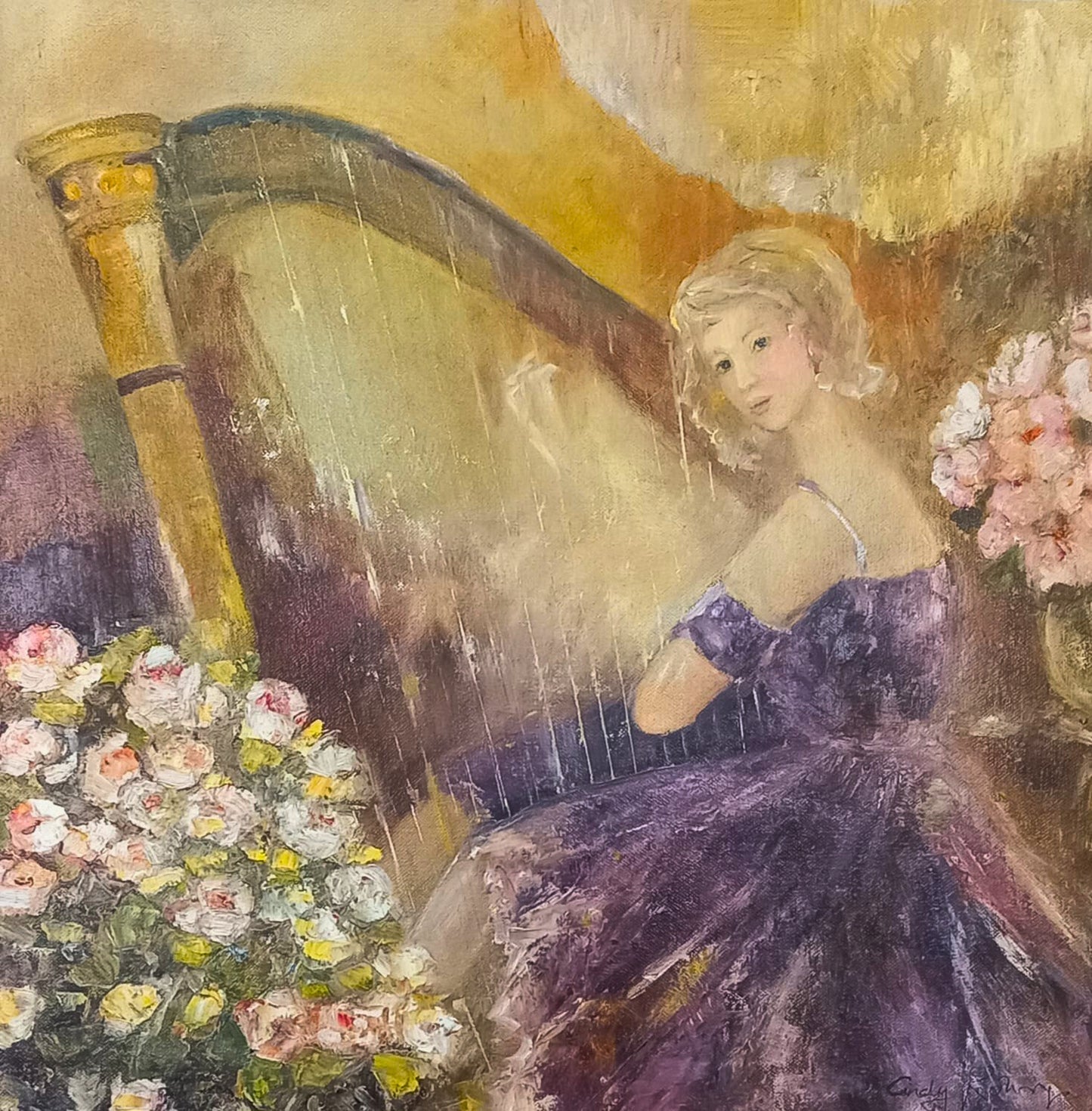 Oil painting of a woman in a purple dress playing a golden harp, surrounded by bouquets of roses, bathed in warm, soft light.