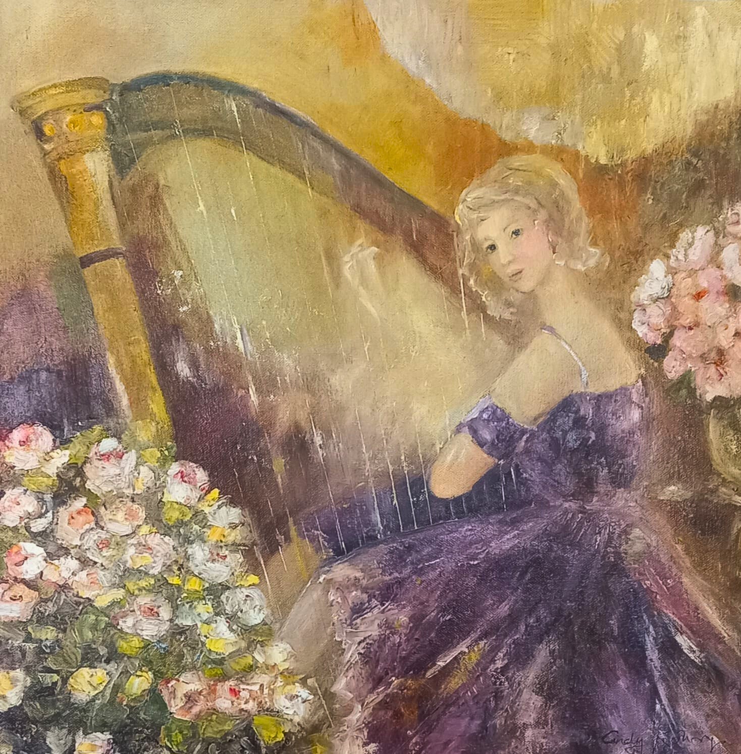 Oil painting of a woman in a purple dress playing a golden harp, surrounded by bouquets of roses, bathed in warm, soft light.