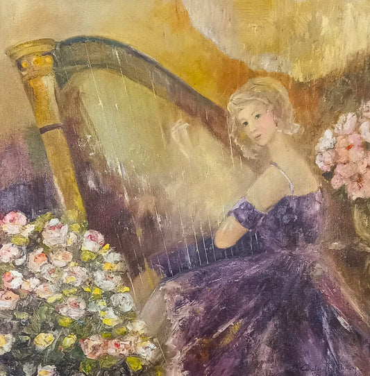 Oil painting of a woman in a purple dress playing a golden harp, surrounded by bouquets of roses, bathed in warm, soft light.