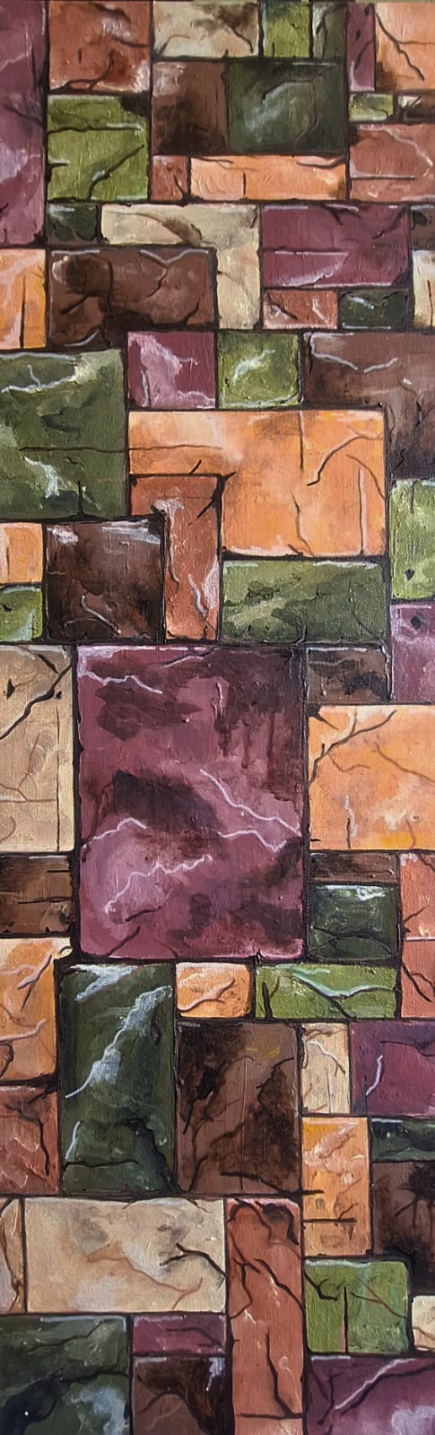 Acrylic painting of a geometric grid with earthy tones and a central purple square, featuring textured blocks and subtle white lines.