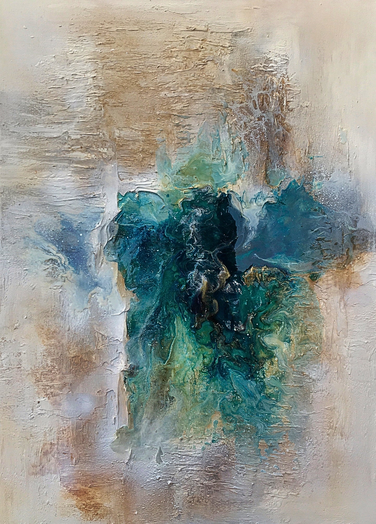Mixed media abstract with a central pool of teal and green surrounded by textured beige and brown ridges, evoking earth and water.