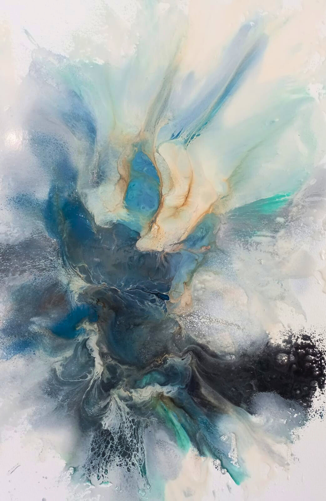 Mixed media abstract with a radiant blue and teal core, flowing outward into white and ochre — evoking underwater light or tidal energy.