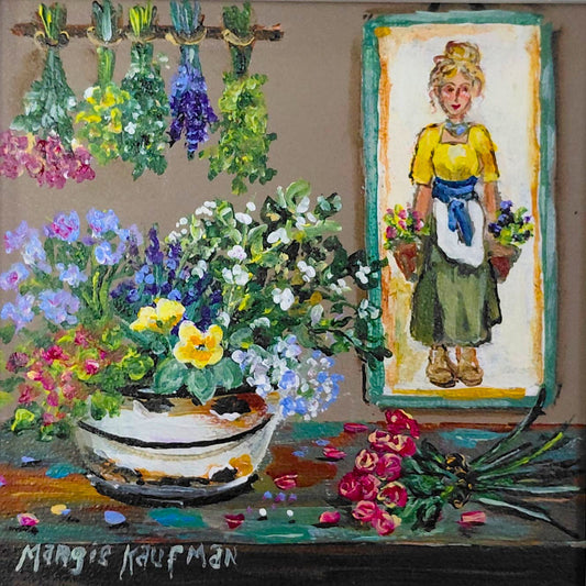 Oil painting of hanging herb bundles, a bowl of mixed flowers, and a framed portrait of a woman holding flowers.