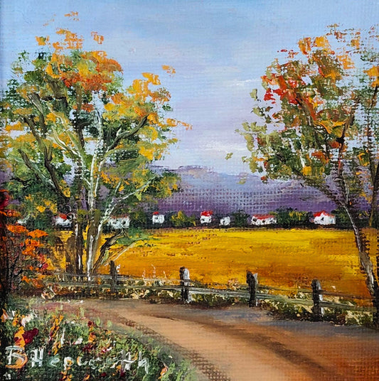 Oil painting of a dirt path through vineyards toward farmhouses, with hills and a tree in the foreground.