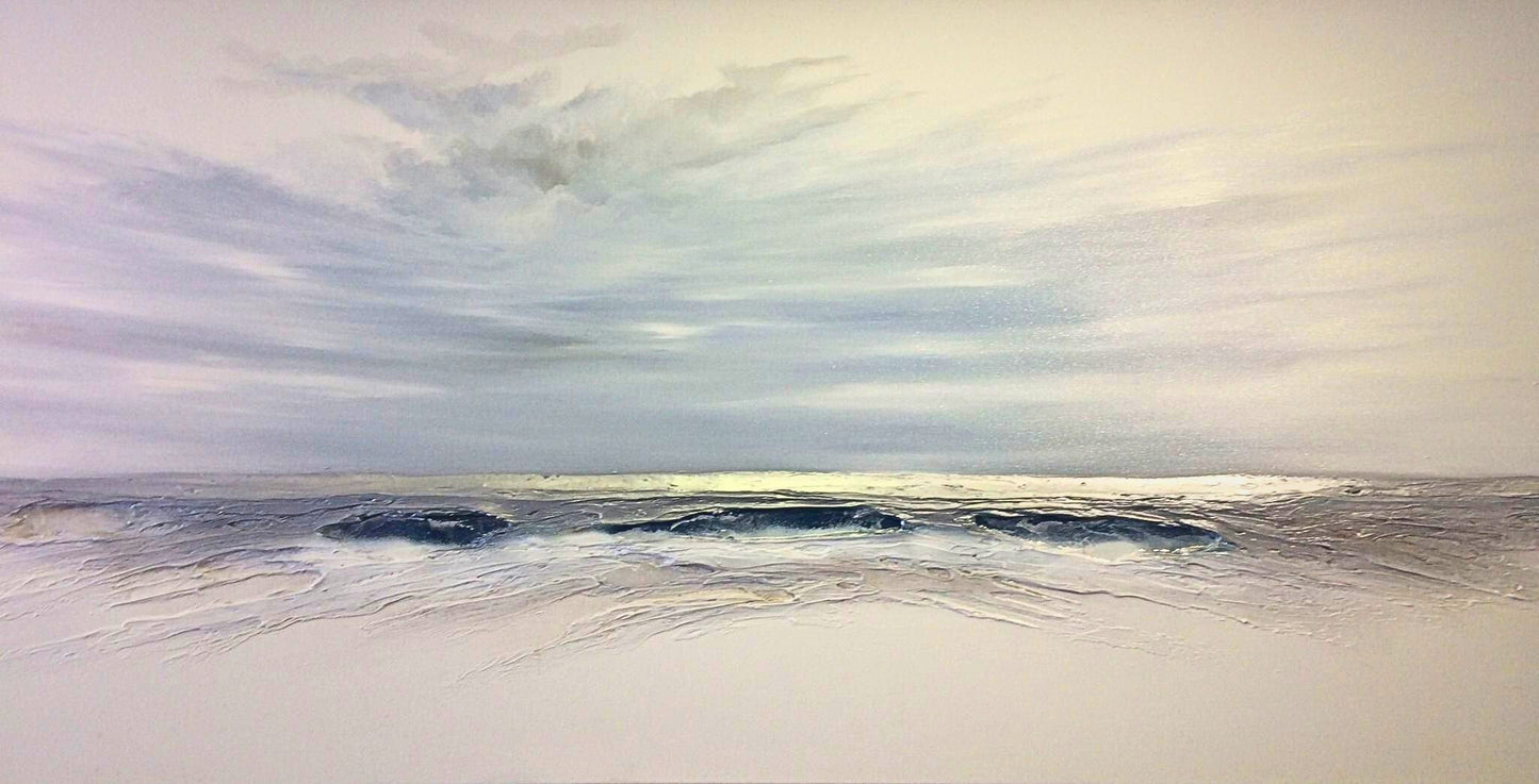 Mixed media painting of a tranquil coastal horizon with soft grey-blue water and pale sky, rendered in gentle, textured brushstrokes.