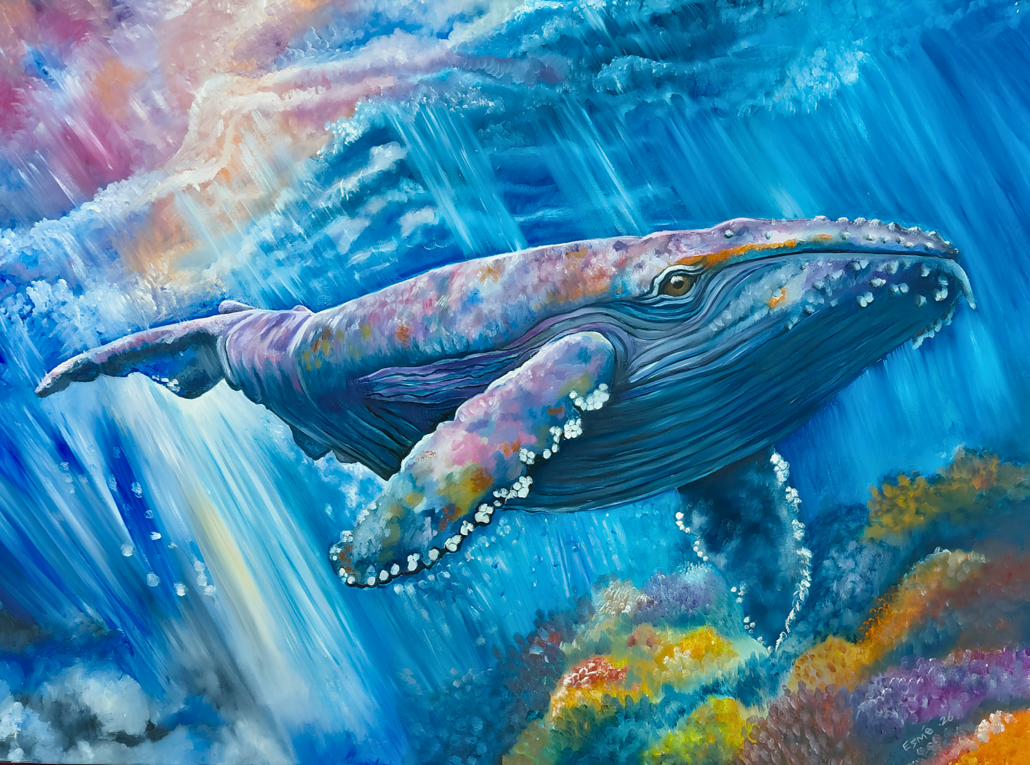 Original artwork featuring a humpback whale swimming underwater above a colourful coral reef with soft rays of light.