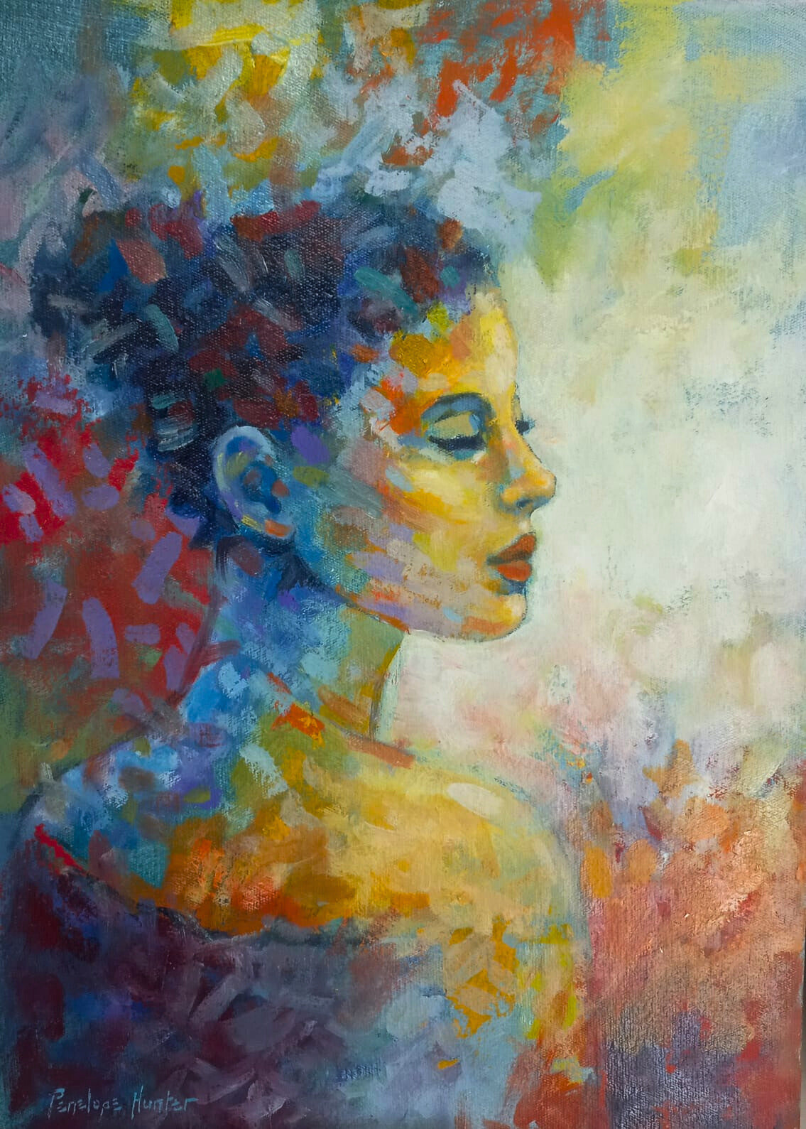 Oil painting of a woman’s face in partial profile, surrounded by dynamic brushstrokes of blue, orange, and yellow against a soft background.