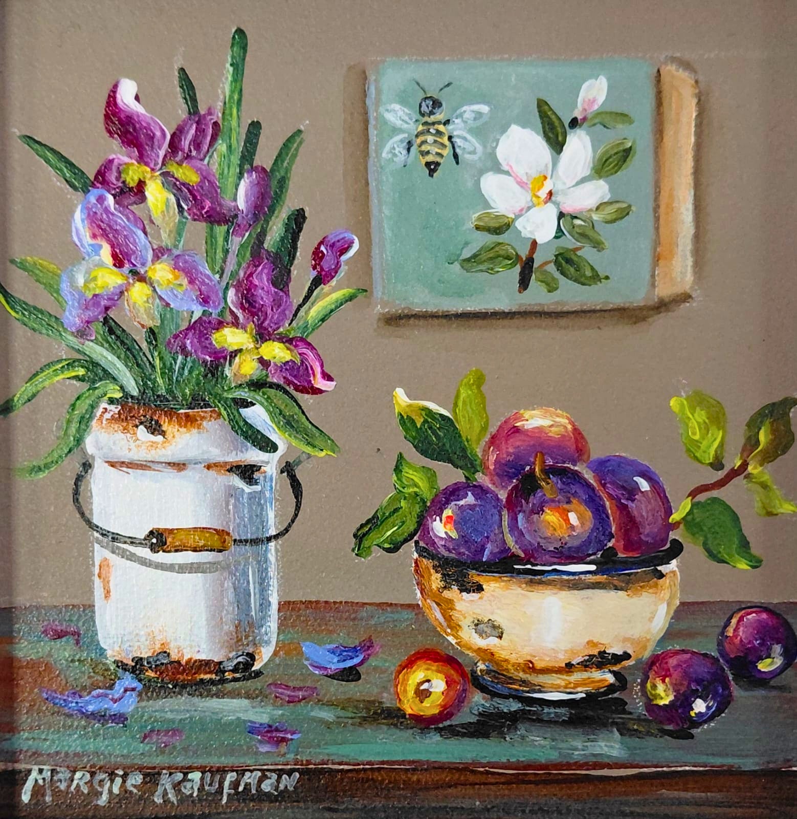 Oil painting of a bucket of irises, a bowl of plums, and a small bee-and-magnolia painting on the wall.