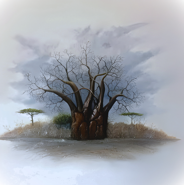 Mixed media painting of a large baobab tree on a misty island, surrounded by smaller trees under a cloudy sky.