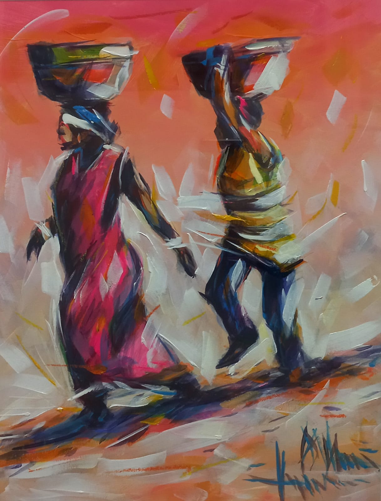 Vibrant acrylic painting of two African women walking side by side with baskets on their heads, painted in bold reds, yellows, and blues.