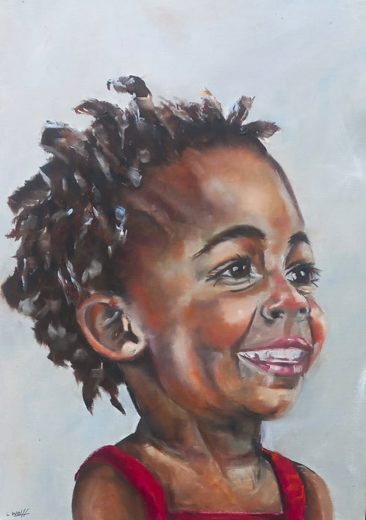 Oil painting of a smiling African child with curly hair, wearing a red top, her face glowing with pure, radiant joy against a soft grey background.