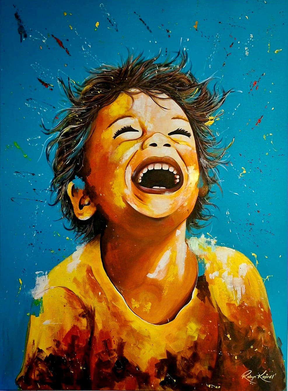 Acrylic painting of a laughing child wearing glasses, against a bright blue background with colourful paint splatters.