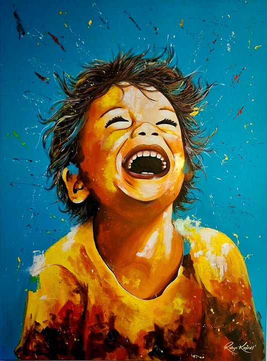 Acrylic painting of a laughing child wearing glasses, against a bright blue background with colourful paint splatters.