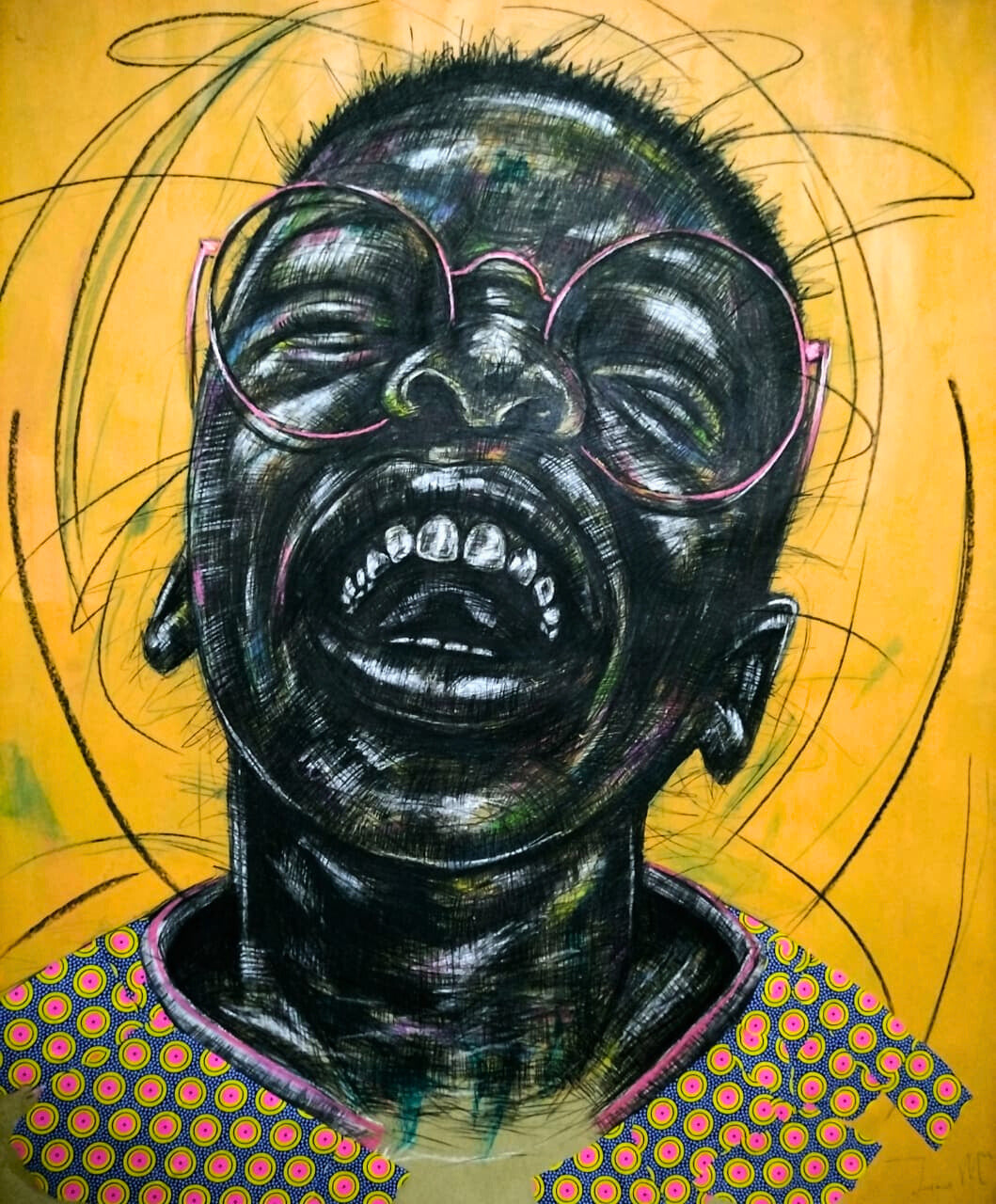 Mixed media portrait of a laughing African child wearing pink-rimmed glasses, against a golden background with swirling black lines.