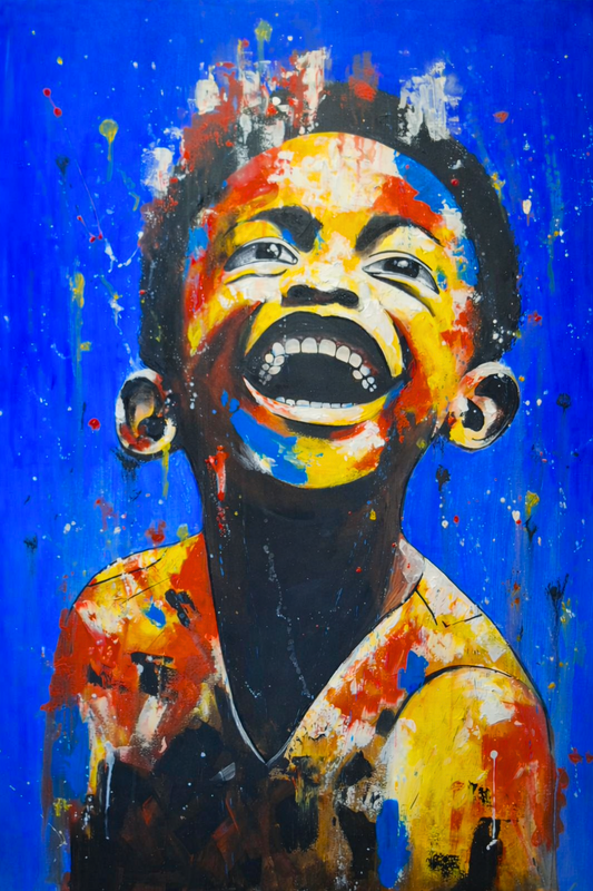 Acrylic painting of a child laughing with eyes closed, against a bright blue background with colourful paint splatters.