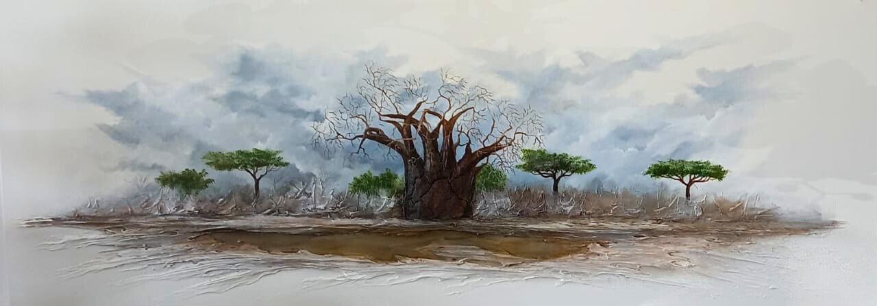 Mixed Medium painting of a large baobab tree standing alone under a cloudy sky, surrounded by smaller green trees and dry earth.