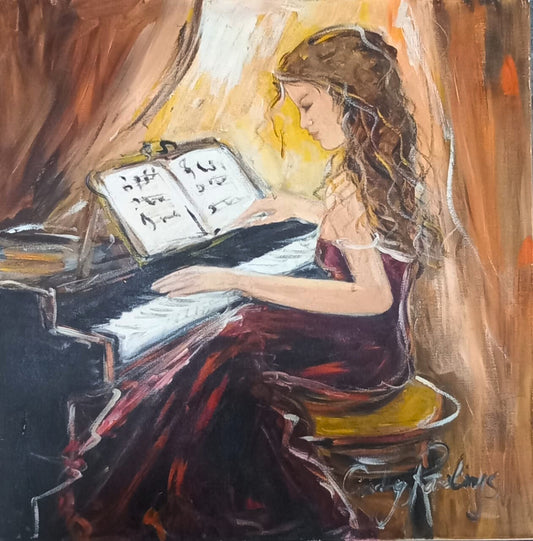 Oil painting of a woman in a burgundy dress playing piano, sheet music open, bathed in warm golden light against a dark background.