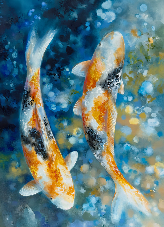 Penelope Hunter original artwork featuring two koi fish swimming through an atmospheric blue pond with orange, gold and white detail.