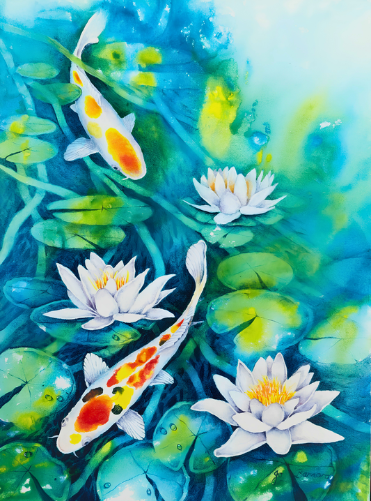 Jo Bernard original artwork featuring two koi fish swimming among white water lilies and layered lily pads in a vibrant turquoise pond.