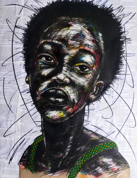 Original mixed media artwork featuring a close-up child portrait against a layered newspaper collage background.