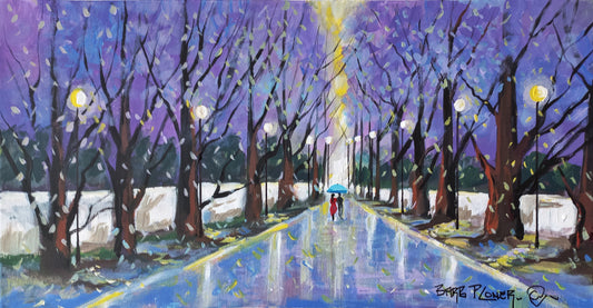 Oil painting of a couple walking under a blue umbrella on a rainy night, illuminated by golden street lamps under purple trees.