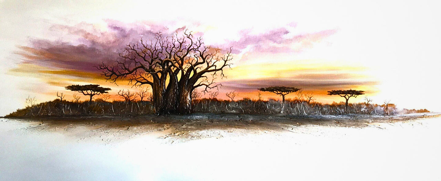 Mixed media painting of a large baobab tree at sunset, with vibrant pink and orange sky and smaller trees in the distance.