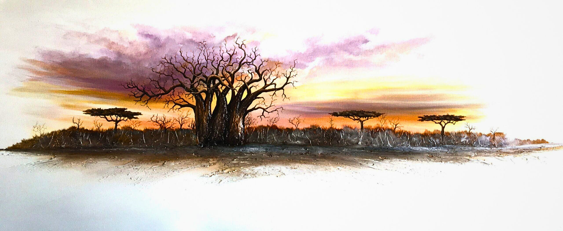 Mixed media painting of a large baobab tree at sunset, with vibrant pink and orange sky and smaller trees in the distance.