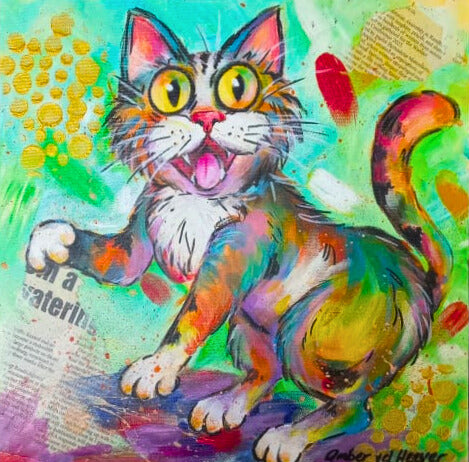 Acrylic painting of a calico cat mid-pounce, mouth open, paws extended, against a bright green and blue background with gold dots and faint text.