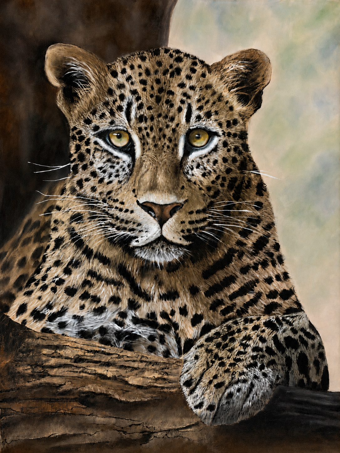 Original oil artwork featuring a close-up leopard portrait resting against a tree with striking golden eyes.