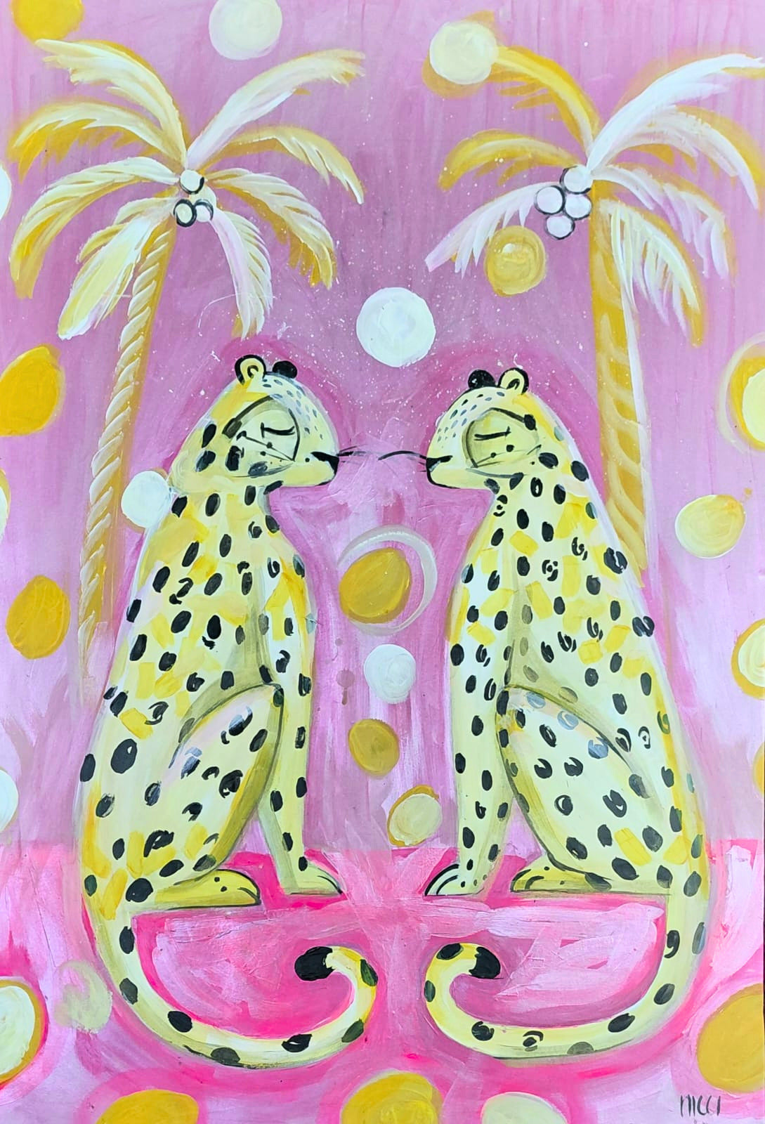 Acrylic painting of two leopards sitting together against a pink background with golden circles.