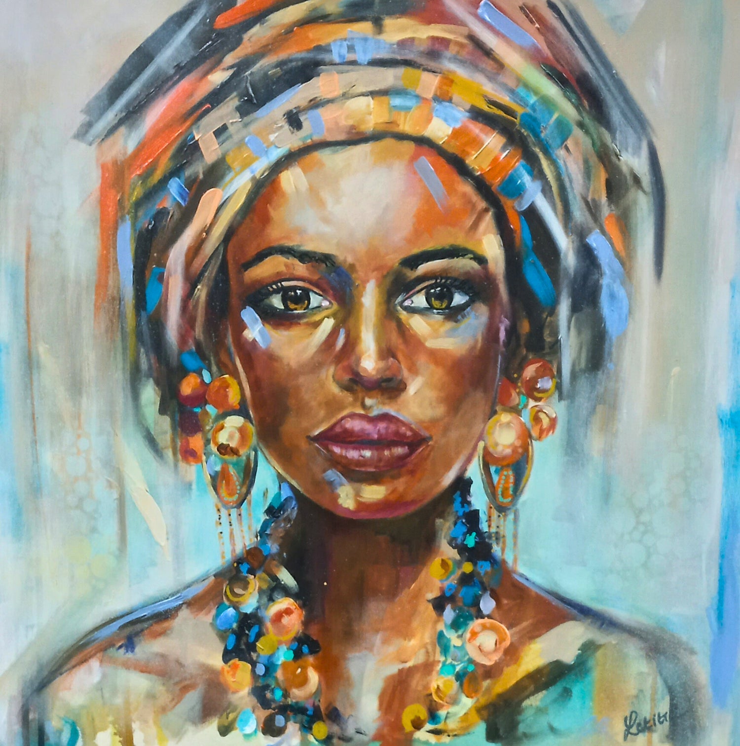 Mixed media portrait of a woman with expressive eyes and detailed earrings, set against a softly abstract background.