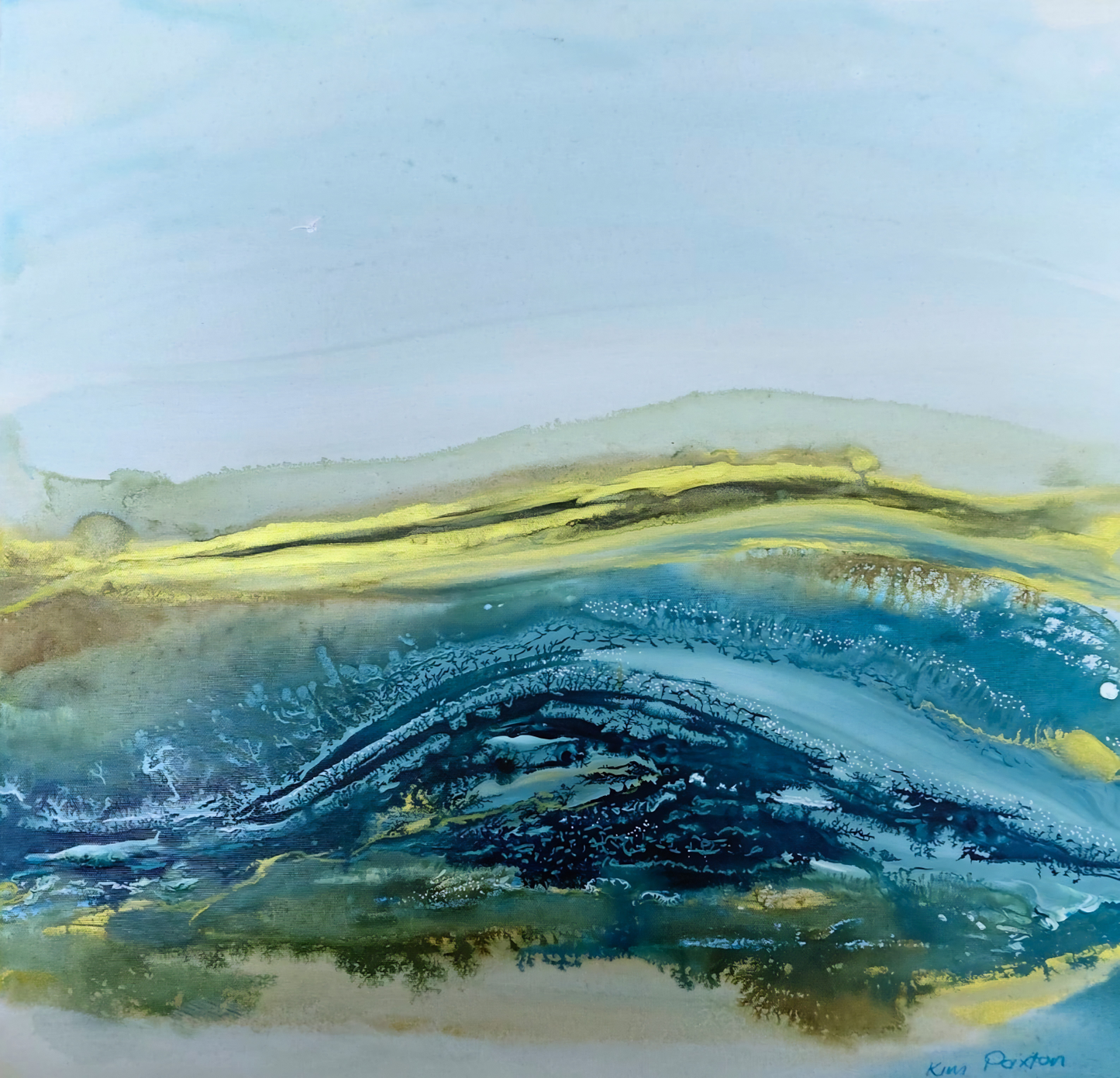 Kim Paxton original artwork featuring a luminous abstract landscape with teal water-like textures, soft hills and fresh green accents.