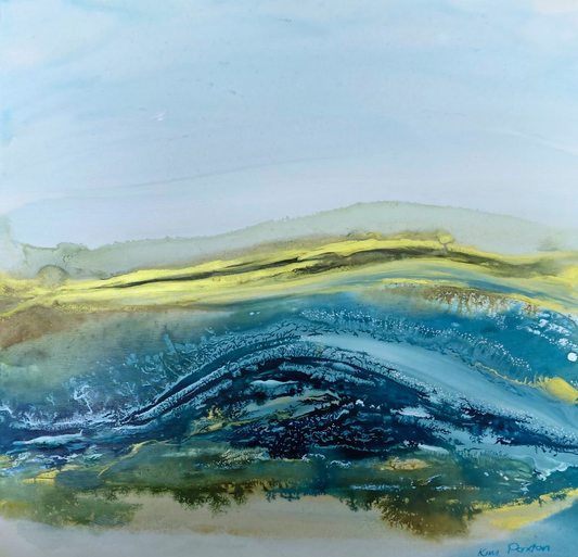 Kim Paxton original artwork featuring a luminous abstract landscape with teal water-like textures, soft hills and fresh green accents.