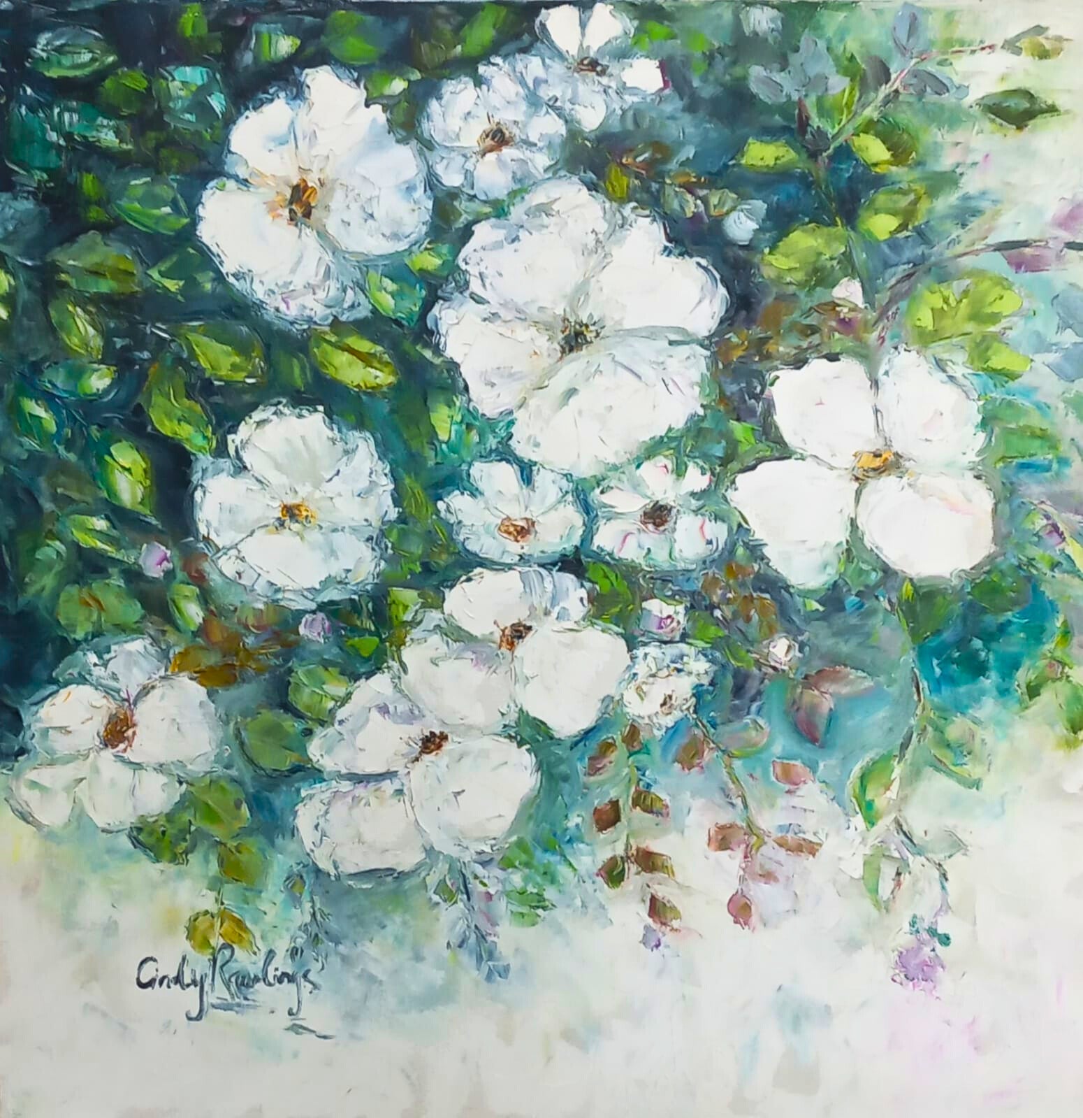 Oil painting of white roses blooming against a deep blue and green background, painted with expressive, textured brushstrokes.