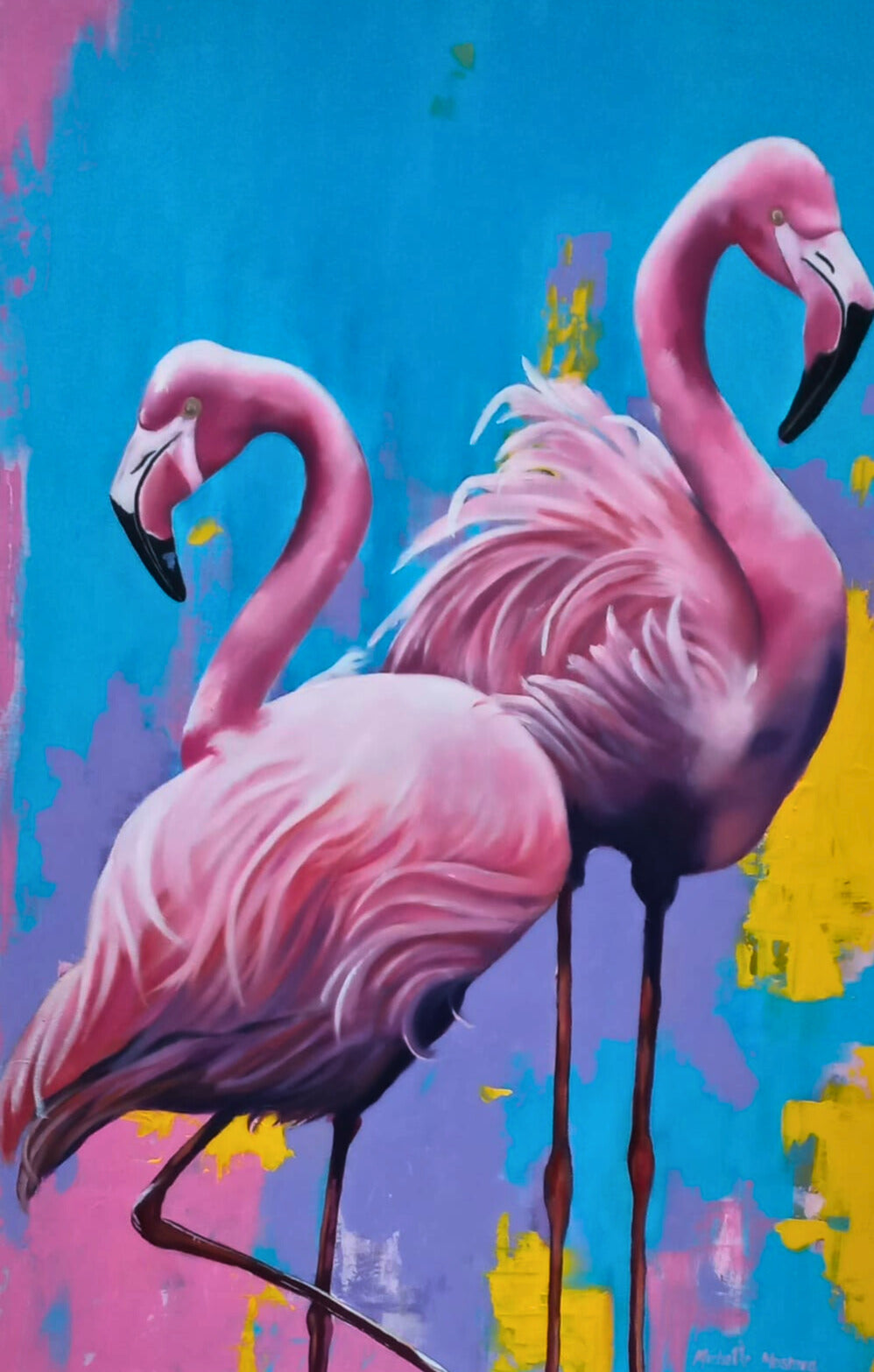 Vibrant acrylic painting of two pink flamingos standing against a bold blue, pink, and yellow abstract background.