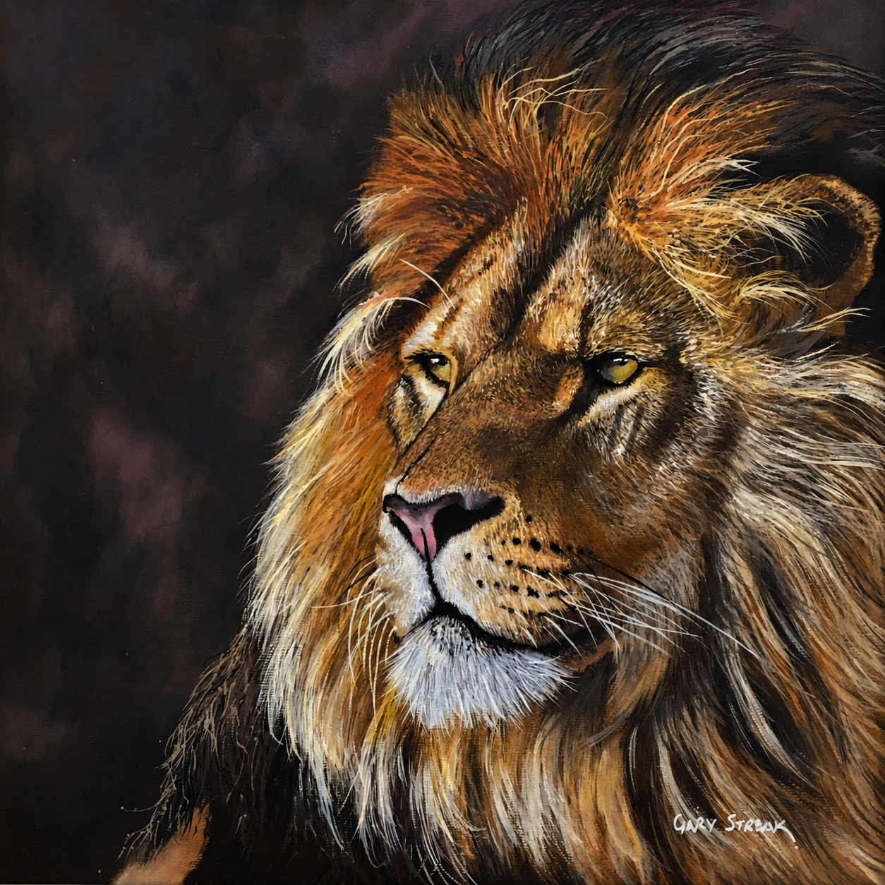 Gary Streak original oil artwork featuring a majestic lion portrait with a flowing mane against a dark background.