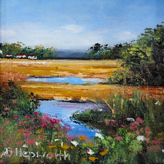 Oil painting of a stream winding through golden fields with wildflowers and distant mountains under a soft blue sky.